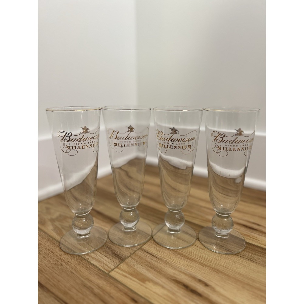 Budweiser Millenium Since 1876 Clear tall Glasses set of 4 Pilsner Drinking Beer